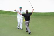 Phil Mickelson celebrates with Jim MacKay, his caddi,e after winning The Masters Golf Tournament 2004 - Source: Getty
